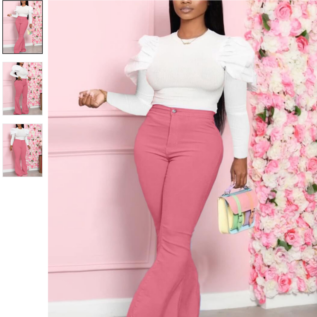 Sweet O Neck Flared Rose Red Two Piece Pants Set